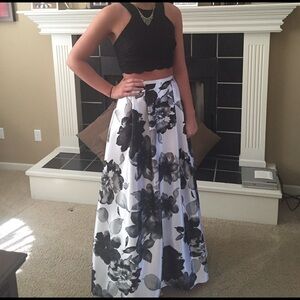 David's Bridal Black and White Floral Two-Piece Prom Dress